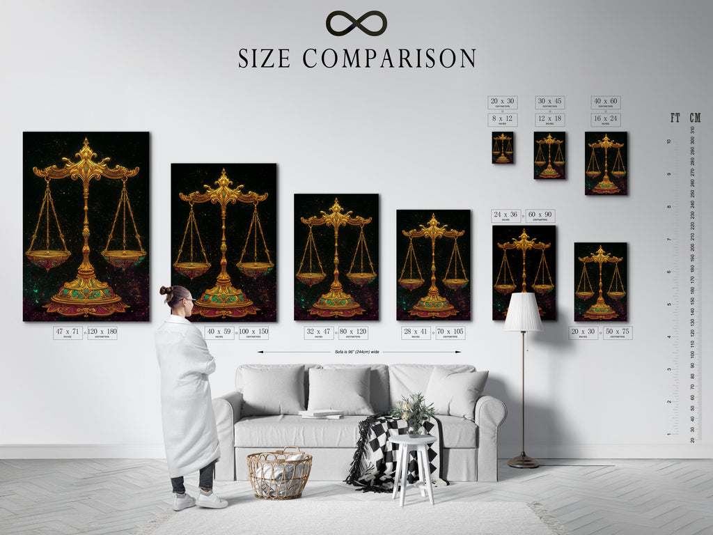 Visualize the perfect fit with our size comparison chart. This interior view showcases how our Libra Zodiac Art Print can transform your home. See how the scales of justice artwork complements your space. Choose the ideal scale for your decor.