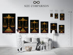 Visualize the perfect fit with our size comparison chart. This interior view showcases how our Libra Zodiac Art Print can transform your home. See how the scales of justice artwork complements your space. Choose the ideal scale for your decor.