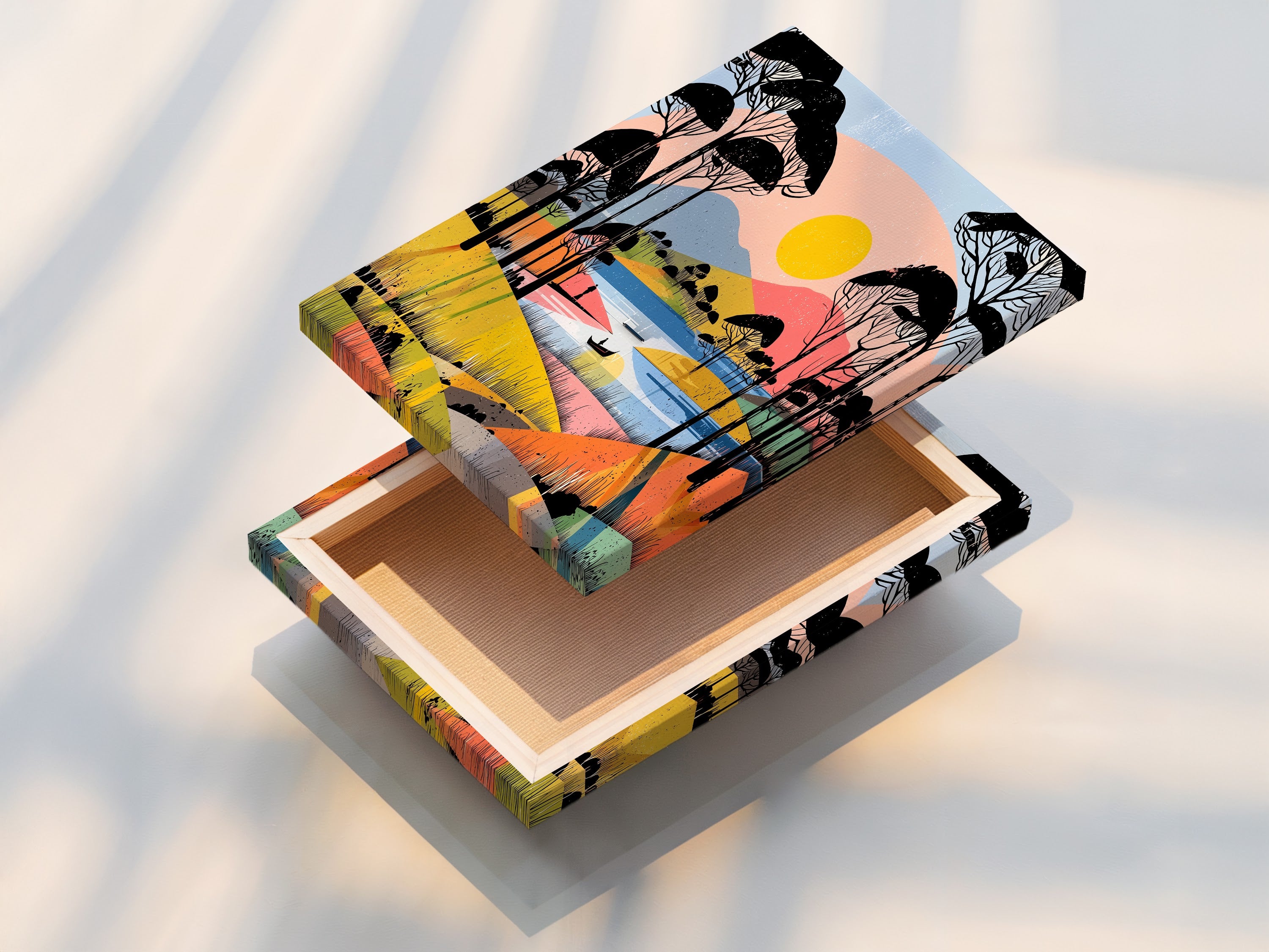 A stretched canvas print displays vibrant abstract artwork. This modern piece features a colorful lake scene with geometric shapes. The stretched canvas provides a gallery ready look. Perfect for adding a contemporary touch to any living room bedroom or office space.