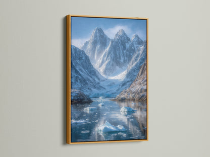 Mountain Glacier canvas artwork with a gold frame. This blue wall art showcases stunning iceberg scenery. The gold frame enhances its luxurious appeal. Perfect for adding a touch of sophistication to any room.