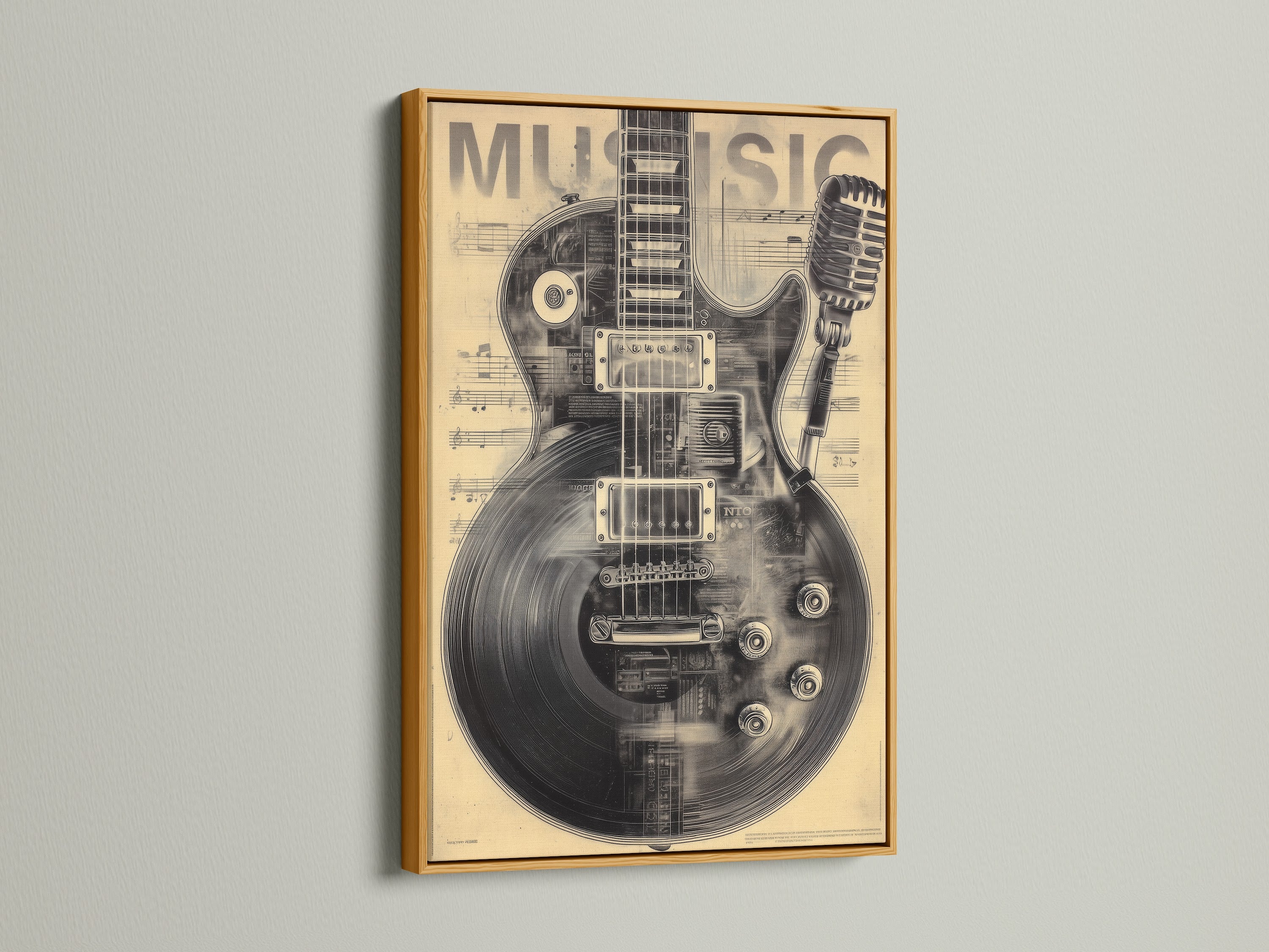 Vintage guitar music artwork is framed in a gold finish. The canvas print features a guitar and microphone. It is displayed against sheet music. Add a touch of musical elegance to your decor. Ideal for music enthusiasts.