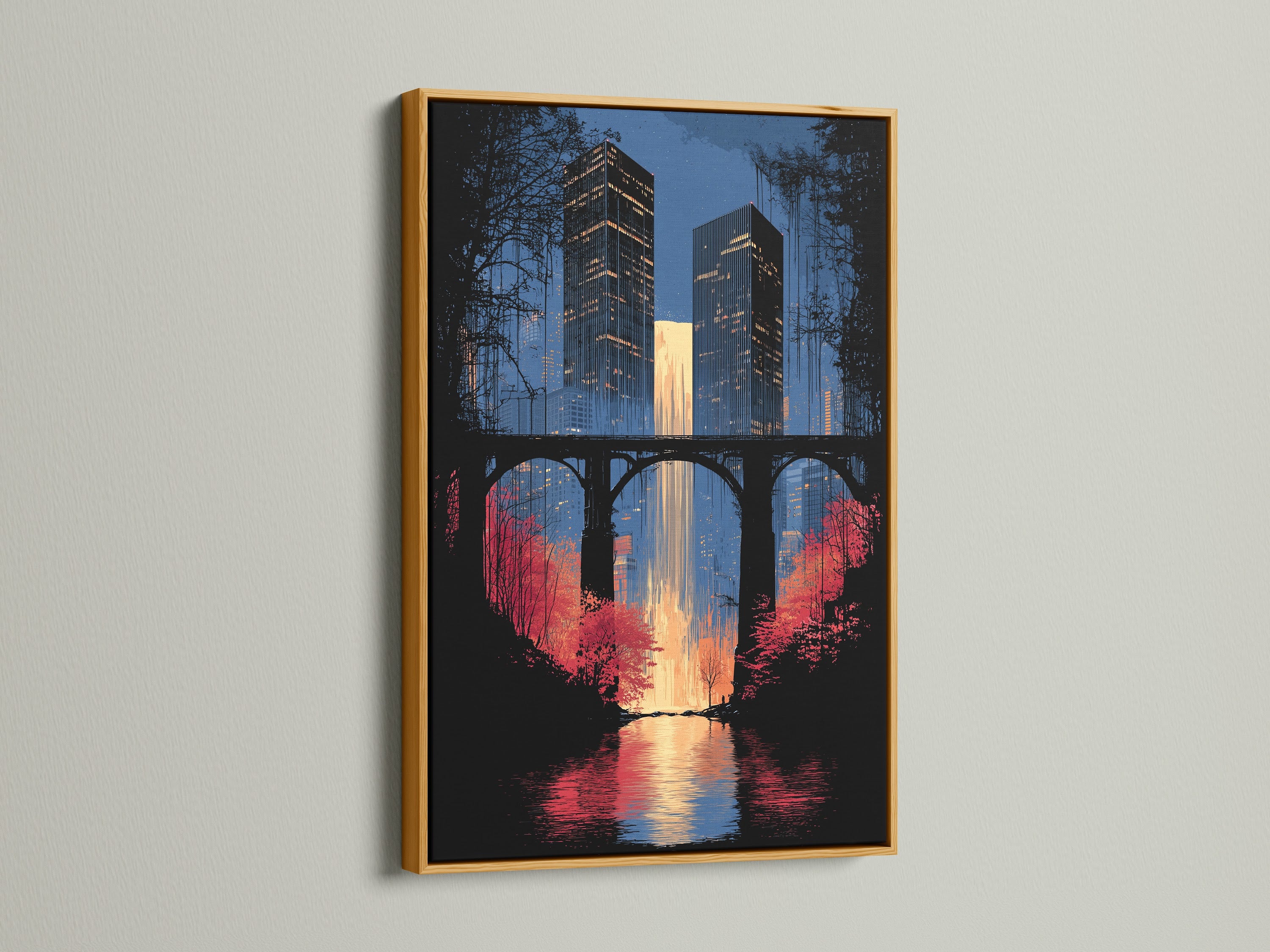 Cityscape canvas print in a gold frame. This urban waterfall artwork is ideal for modern spaces. The gold frame enhances the skyscraper print. The artwork complements urban photography. It's perfect for adding a touch of sophistication to office wall decor. The art captures the essence of city life.