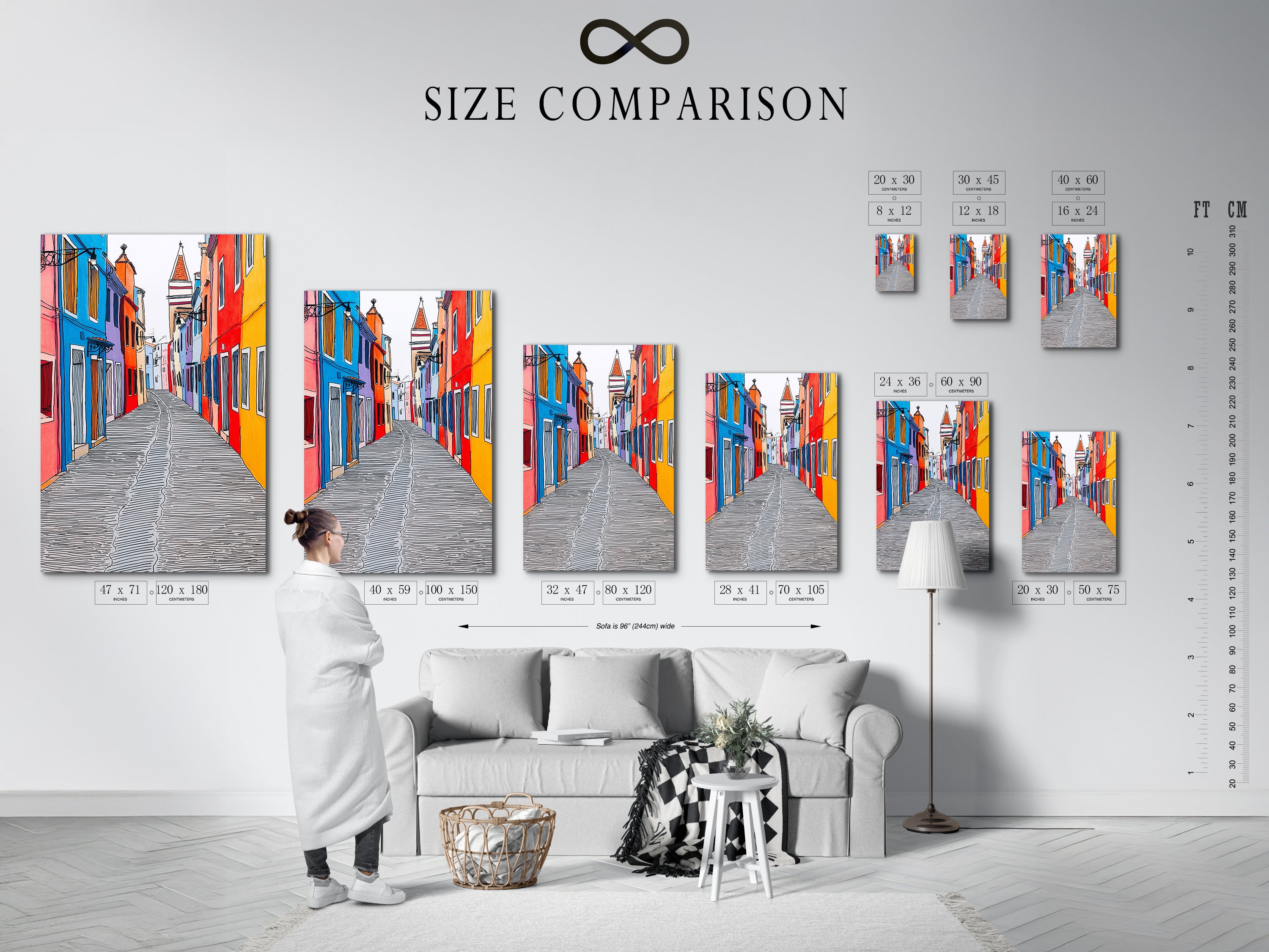 A size comparison chart displayed in an interior setting. Showcasing the various sizes available for the Burano Italy artwork.  Visualize how this colorful Italian architecture print will fit in your living room bedroom or office wall.