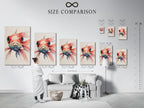 A size comparison chart is shown in an interior setting. It helps you visualize the dimensions of the artwork. It is within a real room. This chart makes it easier to choose the perfect size. It ensures it fits your space. It complements your existing decor.