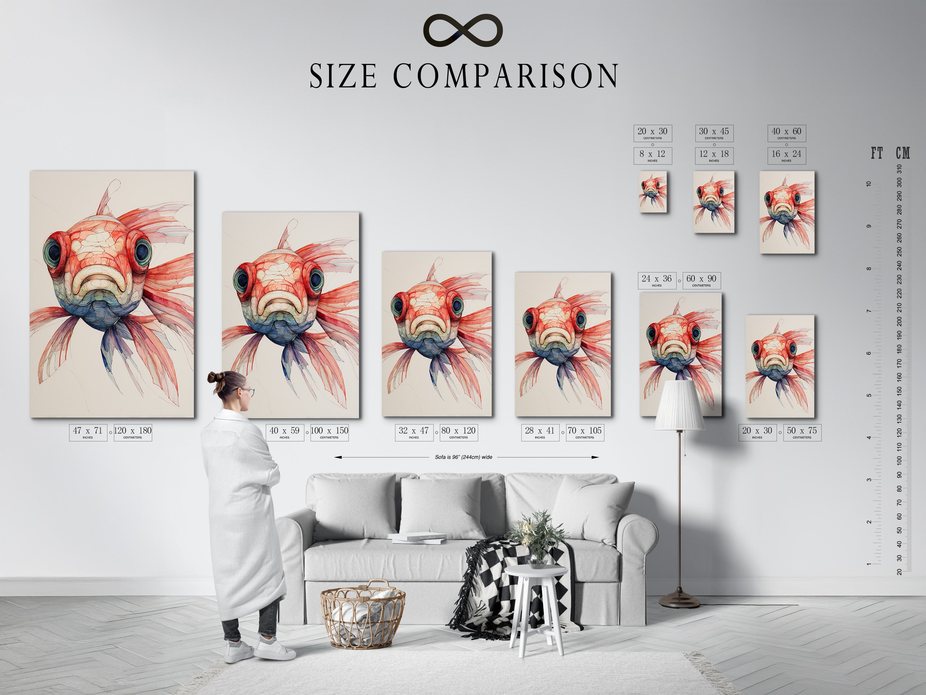 A size comparison chart is shown in an interior setting. It helps you visualize the dimensions of the artwork. It is within a real room. This chart makes it easier to choose the perfect size. It ensures it fits your space. It complements your existing decor.