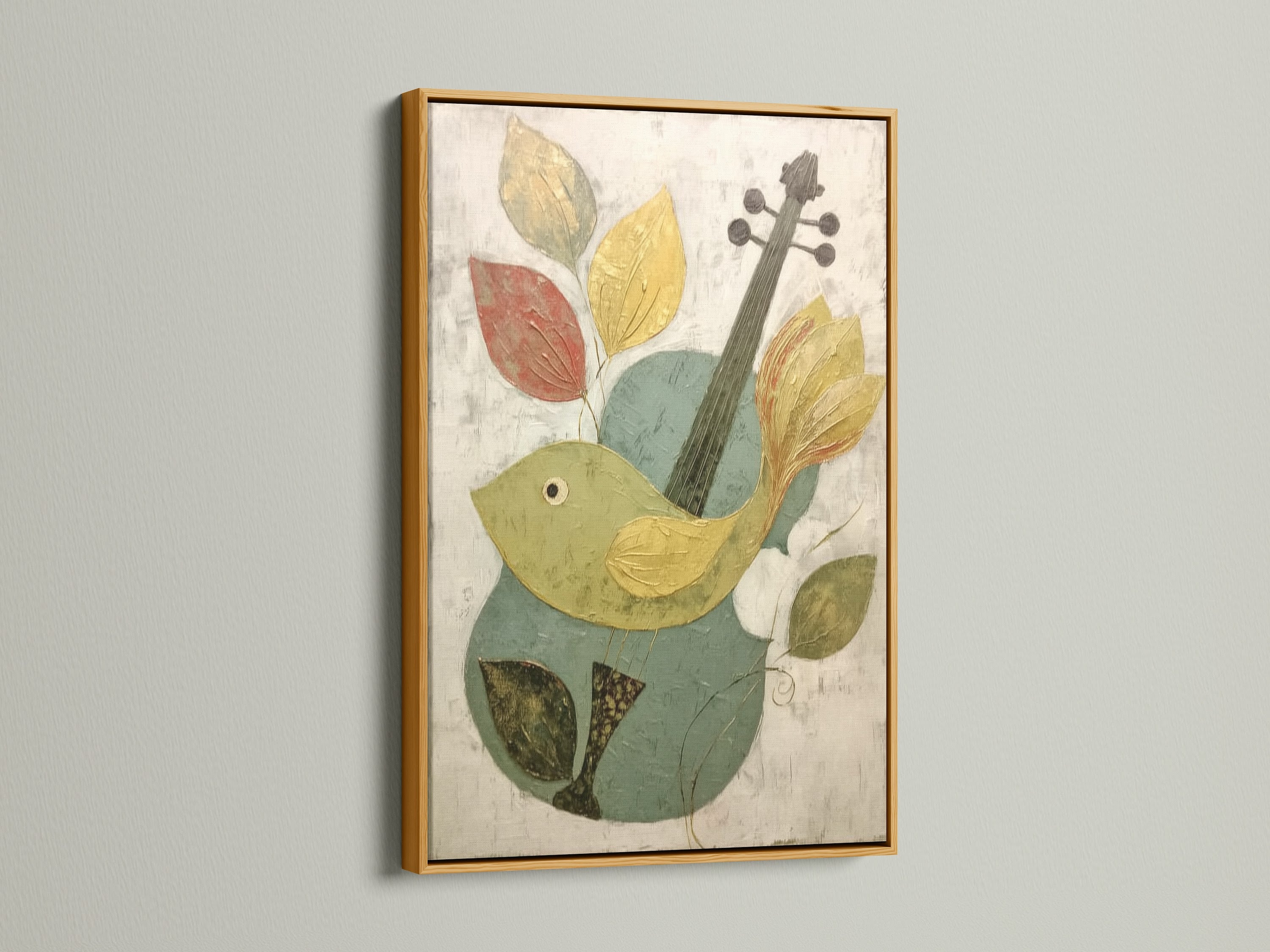 A gold frame adds a touch of luxury to the Bird and Violin Canvas Print. The metallic sheen enhances the artwork's appeal. This whimsical piece is perfect for any room. The abstract design adds a modern flair. A unique wall art choice.