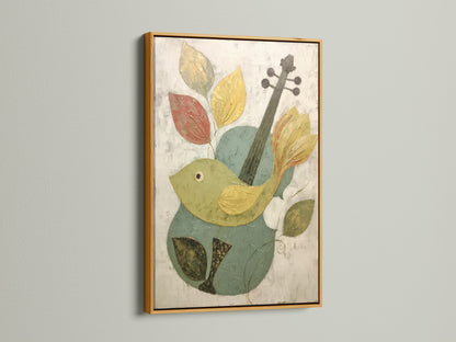 A gold frame adds a touch of luxury to the Bird and Violin Canvas Print. The metallic sheen enhances the artwork's appeal. This whimsical piece is perfect for any room. The abstract design adds a modern flair. A unique wall art choice.