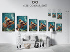 Size comparison chart displayed in an interior setting. The chart helps visualize different print sizes. It shows how the artwork will look in a room. Use our size comparison chart to choose the perfect art print. Make informed art purchases.