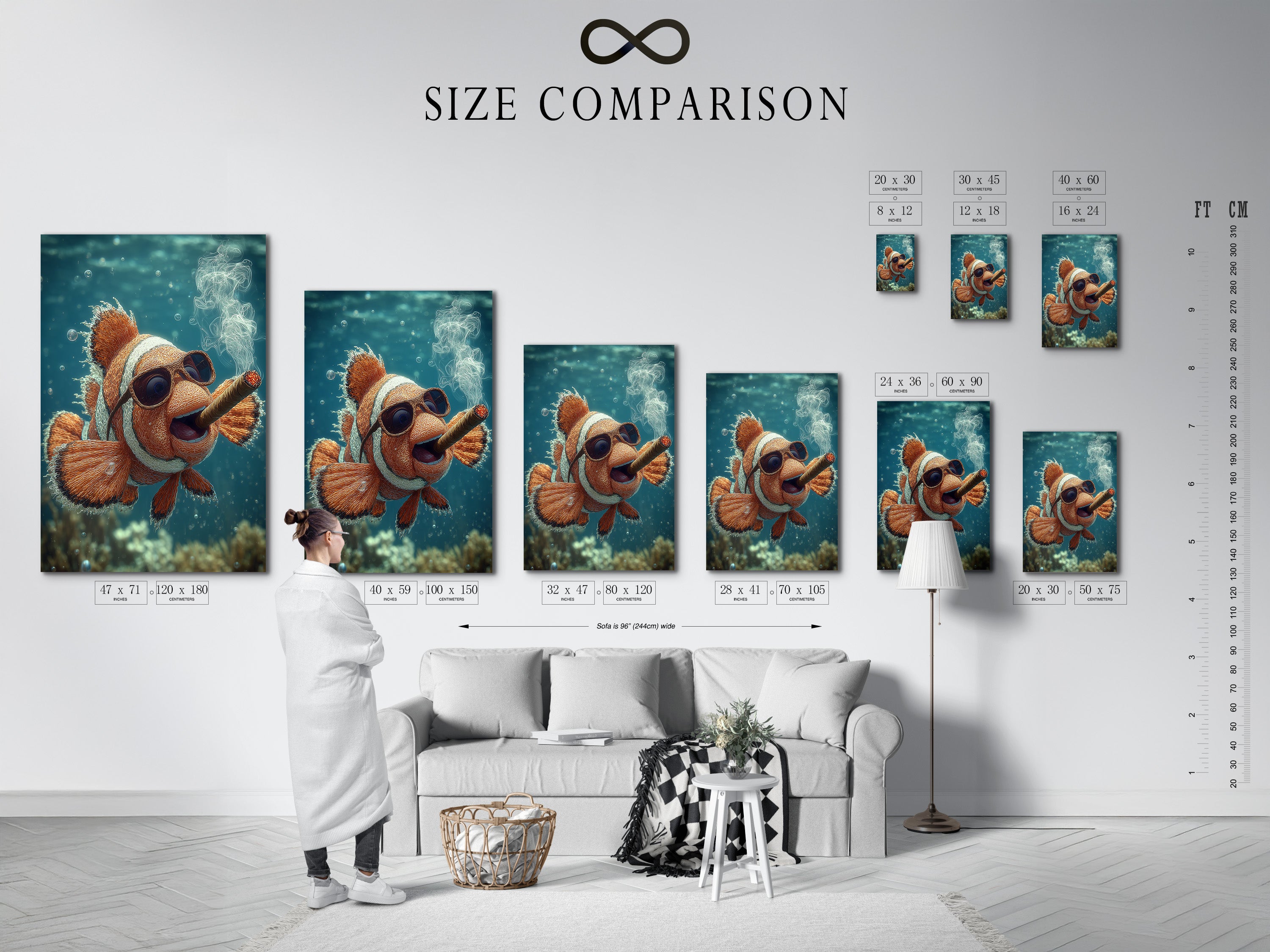 Size comparison chart displayed in an interior setting. The chart helps visualize different print sizes. It shows how the artwork will look in a room. Use our size comparison chart to choose the perfect art print. Make informed art purchases.
