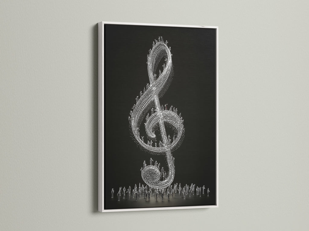 A white frame complements this striking treble clef print. The black background makes the music note pop. This musical wall decor is perfect for any room. Consider this piece for a modern look. It is a great gift for musicians.