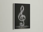 A white frame complements this striking treble clef print. The black background makes the music note pop. This musical wall decor is perfect for any room. Consider this piece for a modern look. It is a great gift for musicians.