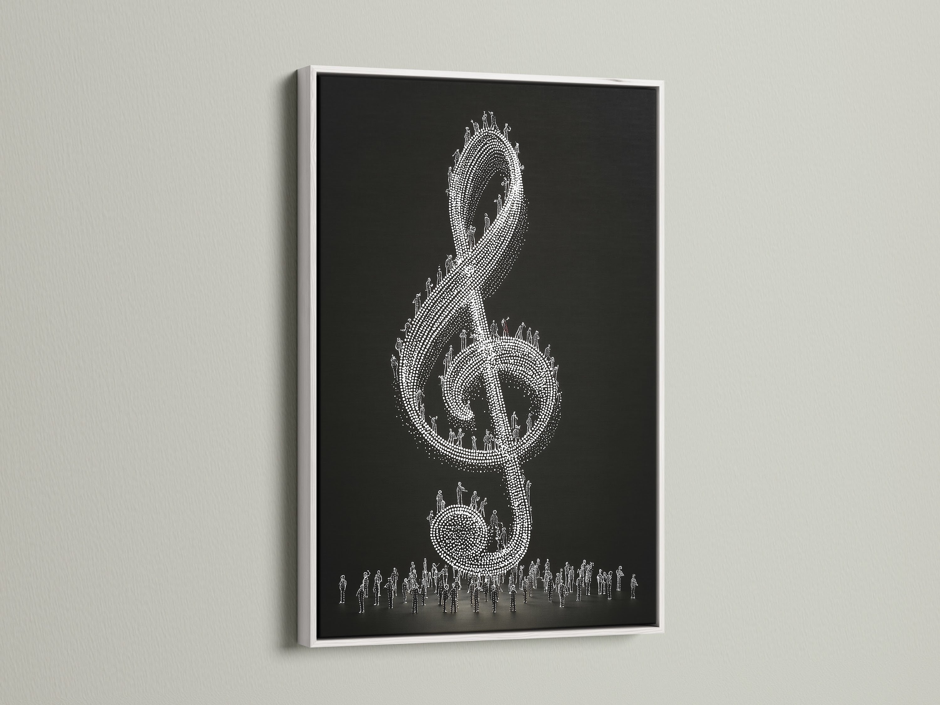 A white frame complements this striking treble clef print. The black background makes the music note pop. This musical wall decor is perfect for any room. Consider this piece for a modern look. It is a great gift for musicians.