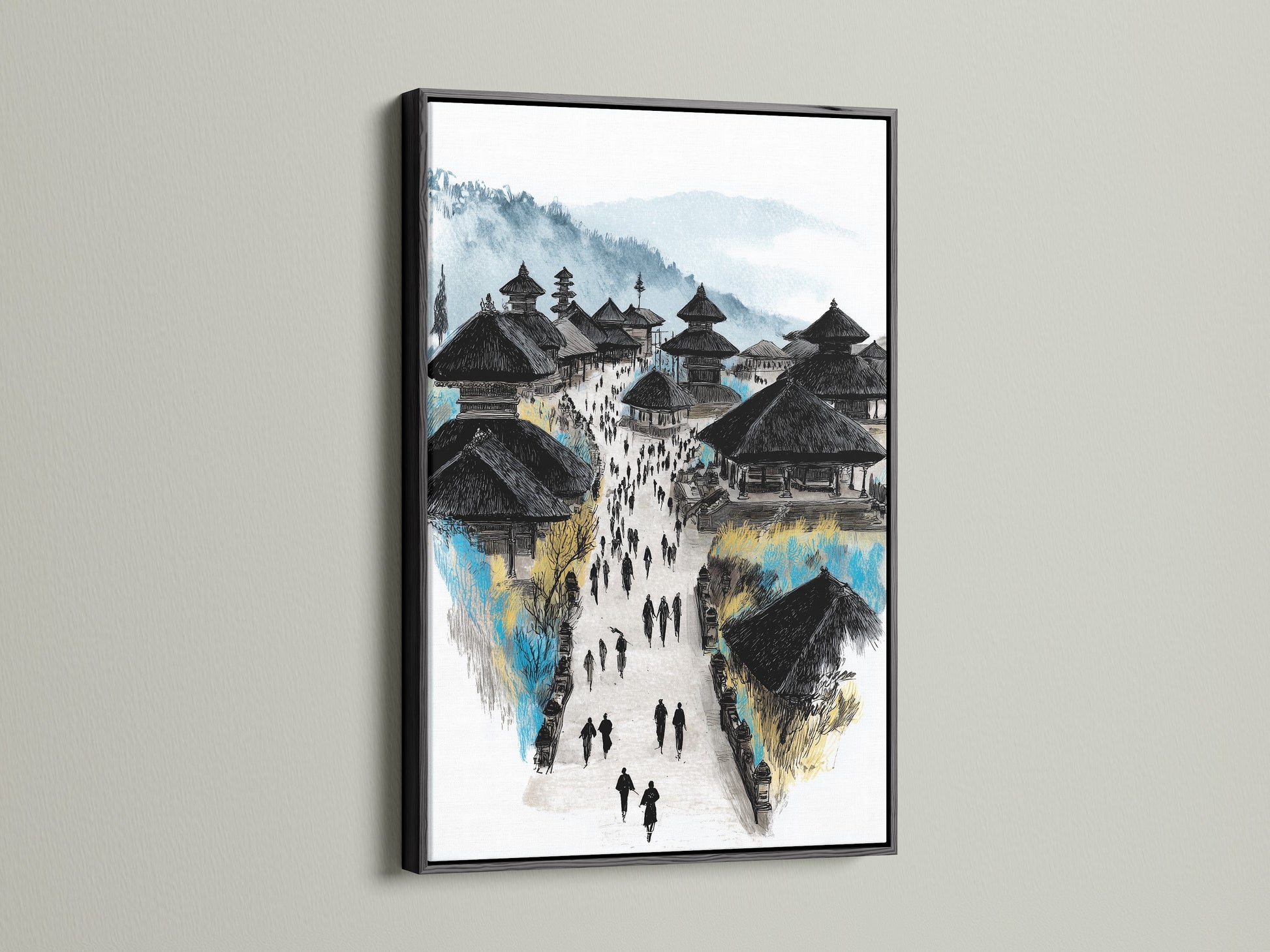 Balinese Temple art print presented in a black frame. The black frame accentuates the travel wall art. This architectural art is suitable for business owners. The Balinese artwork adds a touch of Asia to any space. Ideal for creating a focal point in any room.