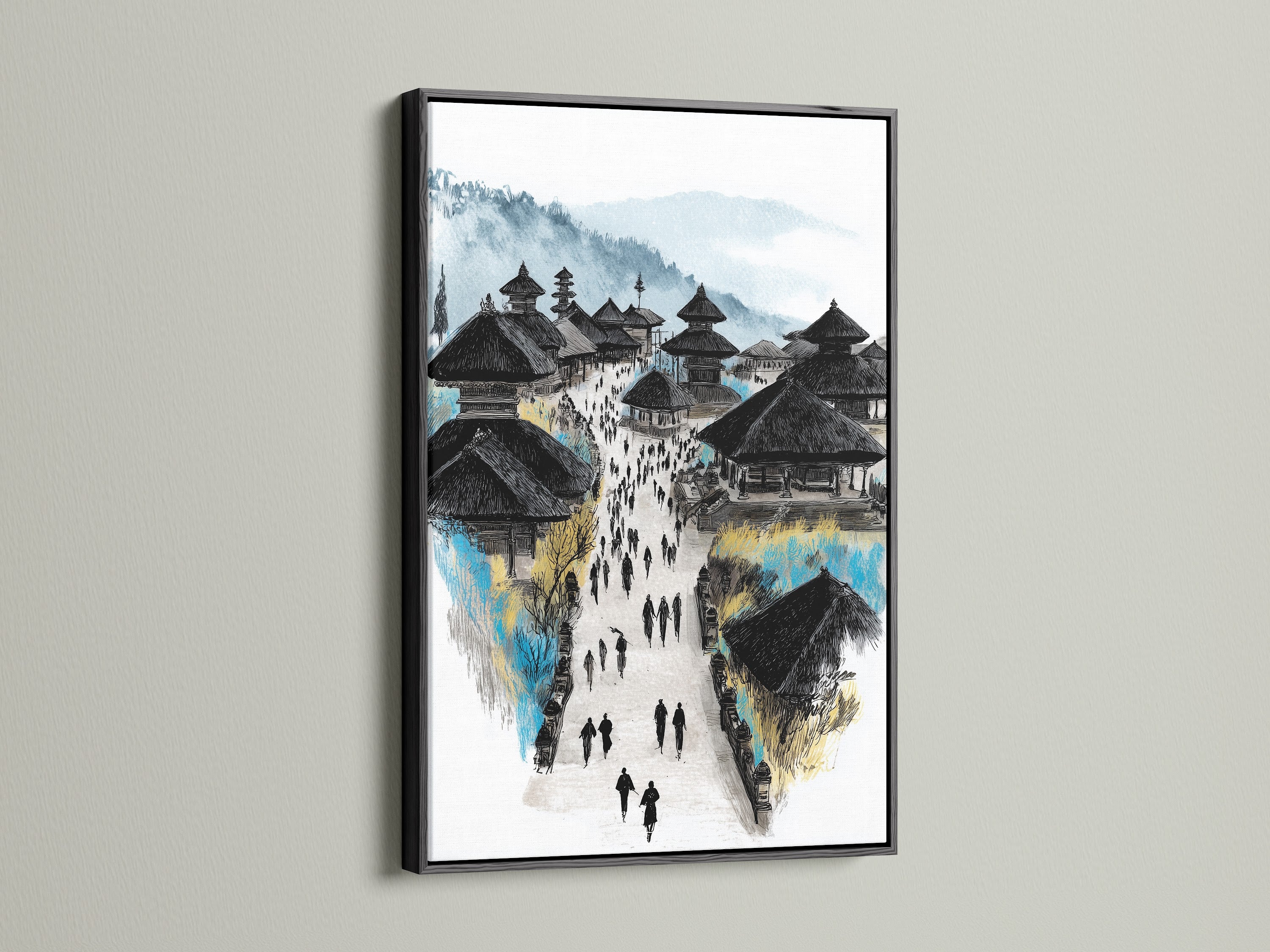 Balinese Temple art print presented in a black frame. The black frame accentuates the travel wall art. This architectural art is suitable for business owners. The Balinese artwork adds a touch of Asia to any space. Ideal for creating a focal point in any room.