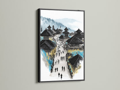 Balinese Temple art print presented in a black frame. The black frame accentuates the travel wall art. This architectural art is suitable for business owners. The Balinese artwork adds a touch of Asia to any space. Ideal for creating a focal point in any room.