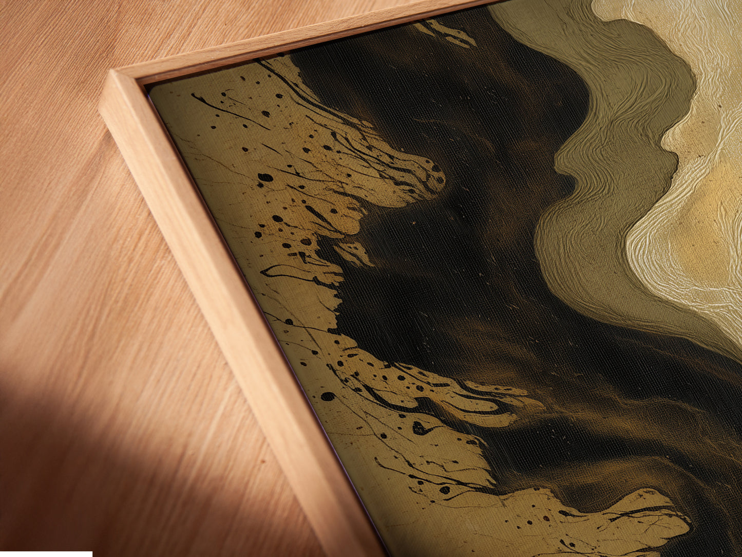 Get a close-up view of the canvas print in a floating frame. The floating frame adds depth to the chess themed art. This modern framing style enhances the artwork. Perfect for showcasing abstract strategy art.