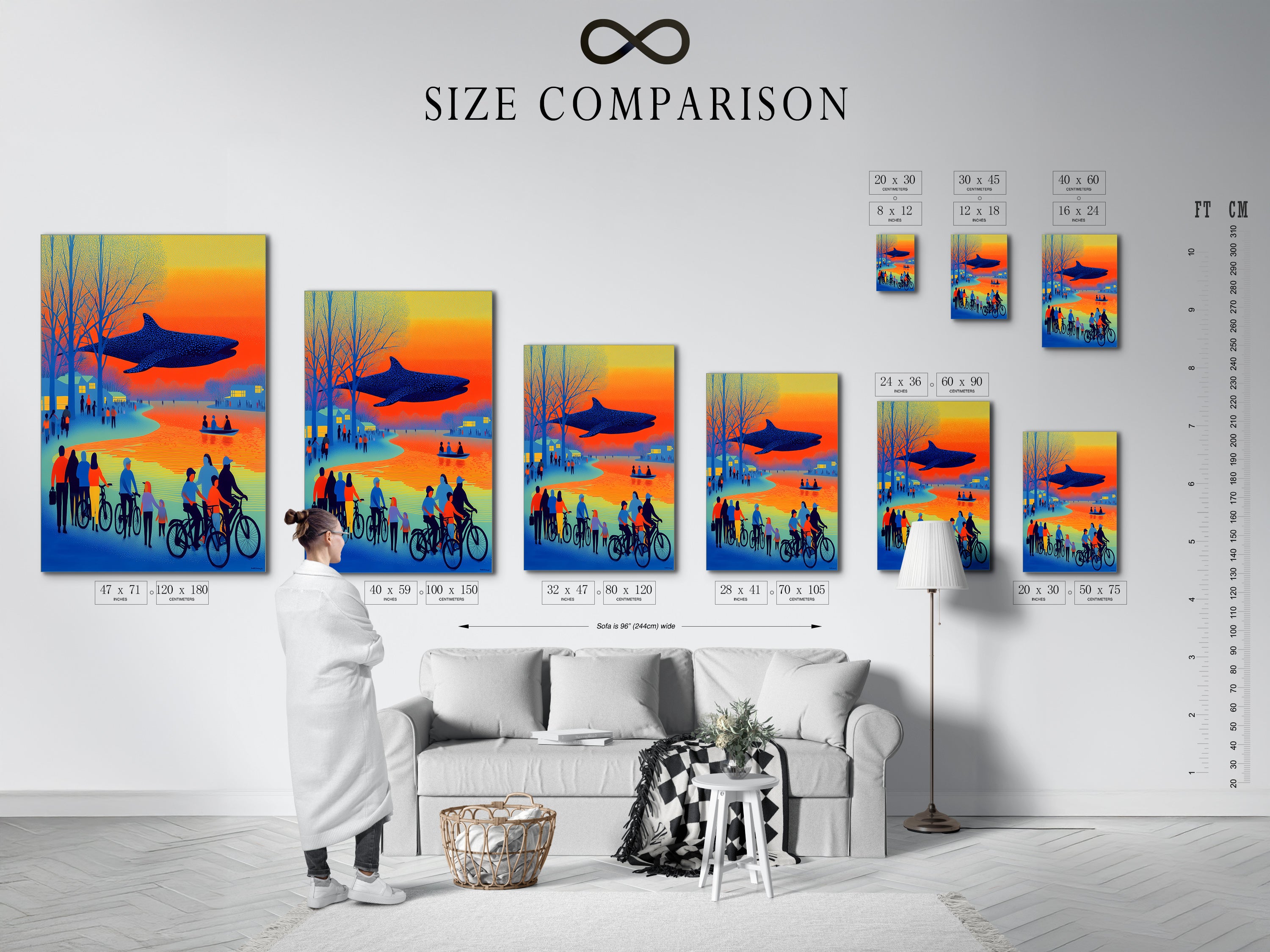 A size comparison chart is displayed in an interior setting. Various dimensions showcase available artwork sizes. This helps visualize the perfect fit for your space. Find the ideal retro artwork for your wall decor. This chart is perfect for eclectic styles. Choose the perfect size for your home or office.