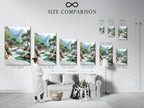 Size comparison chart in an interior setting. Showcasing the Zen Garden artwork in various sizes. Perfect for visualizing how the Asian landscape fits in your space. Find the ideal serene mountain canvas today.