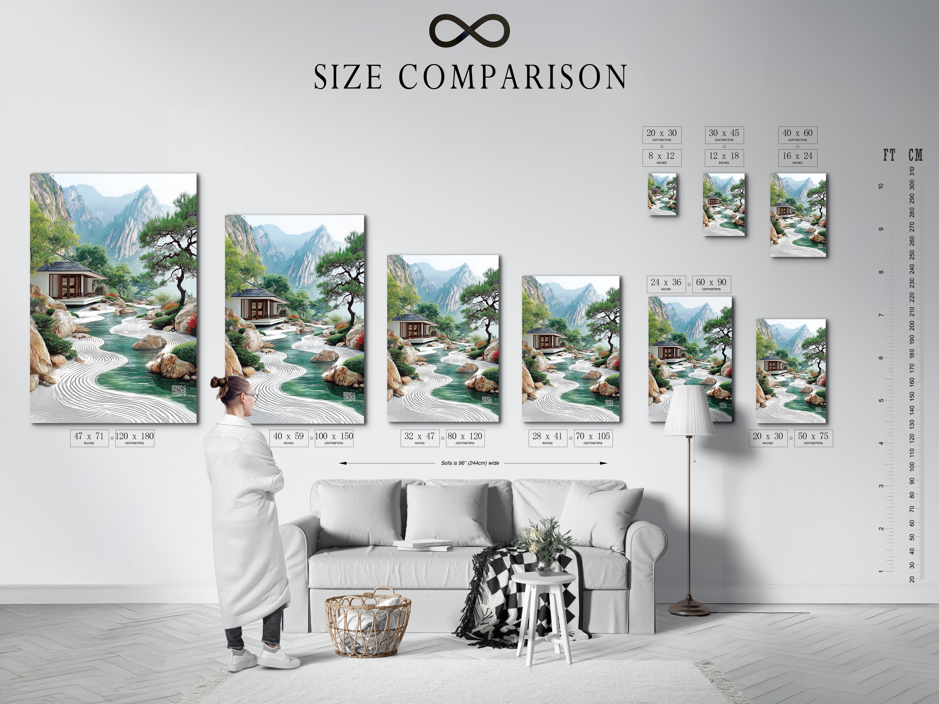 Size comparison chart in an interior setting. Showcasing the Zen Garden artwork in various sizes. Perfect for visualizing how the Asian landscape fits in your space. Find the ideal serene mountain canvas today.