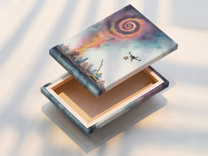 A stretched canvas print showcases a surreal cityscape. The artwork features a drone delivering goods above a modern skyline. The canvas texture enhances the urban fantasy theme. This ready-to-hang piece is perfect for adding a contemporary touch to any space. Ideal wall art for modern and eclectic spaces.