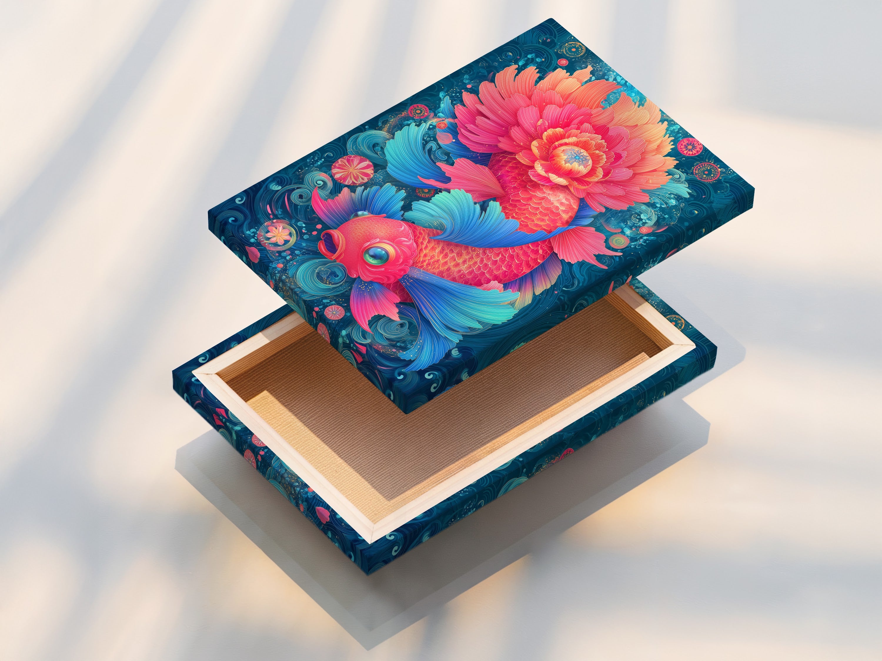 This is a stretched canvas print of the koi fish artwork. The canvas highlights the pink fish and teal floral details. The stretched canvas provides a ready to hang modern art solution. Add color and style to your home.