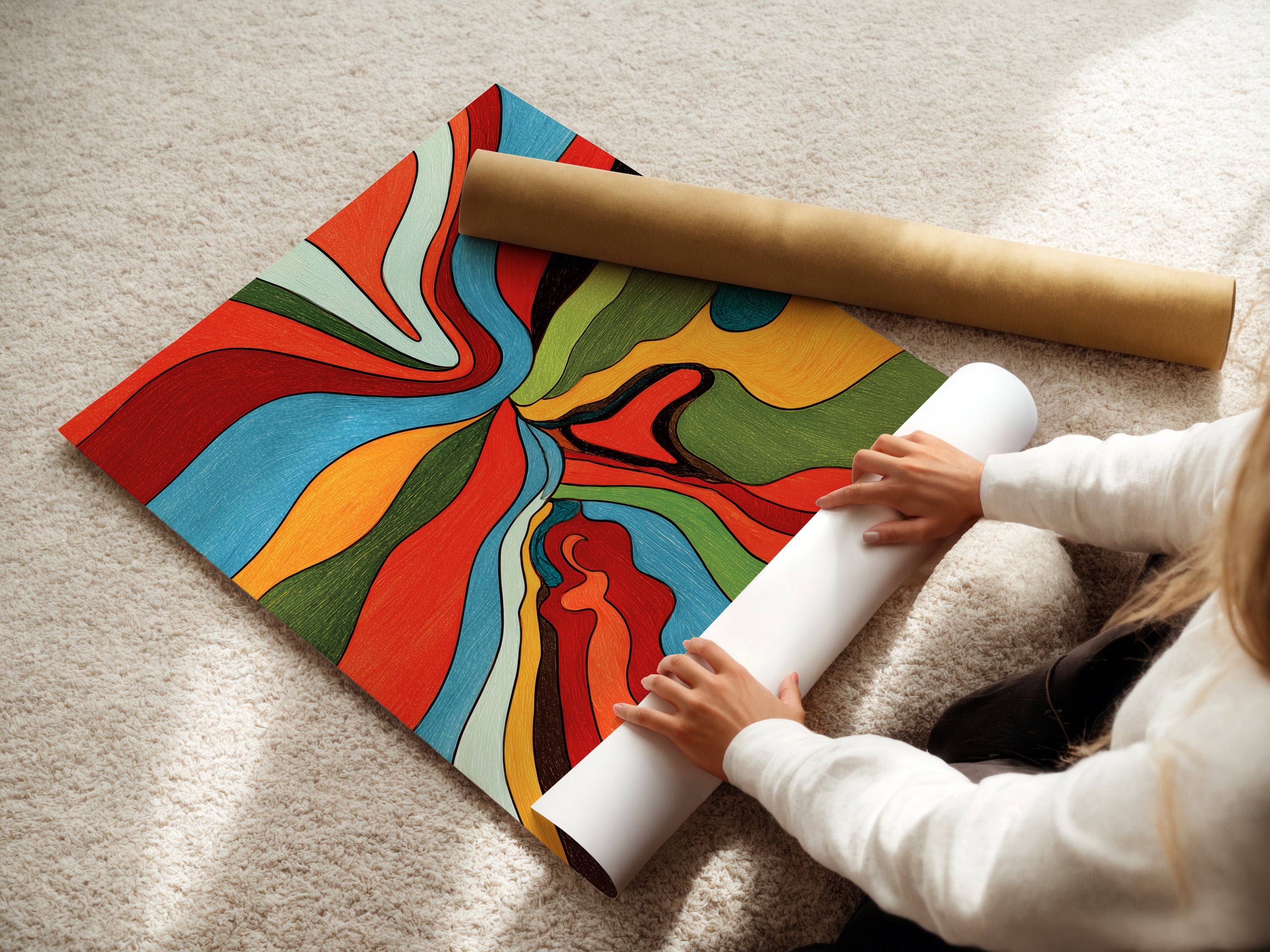 A woman is carefully rolling a fine art poster paper. She is ensuring it stays in perfect condition. Our fine art posters are printed on high-quality paper. They offer exceptional detail and color. Order your fine art posters today.