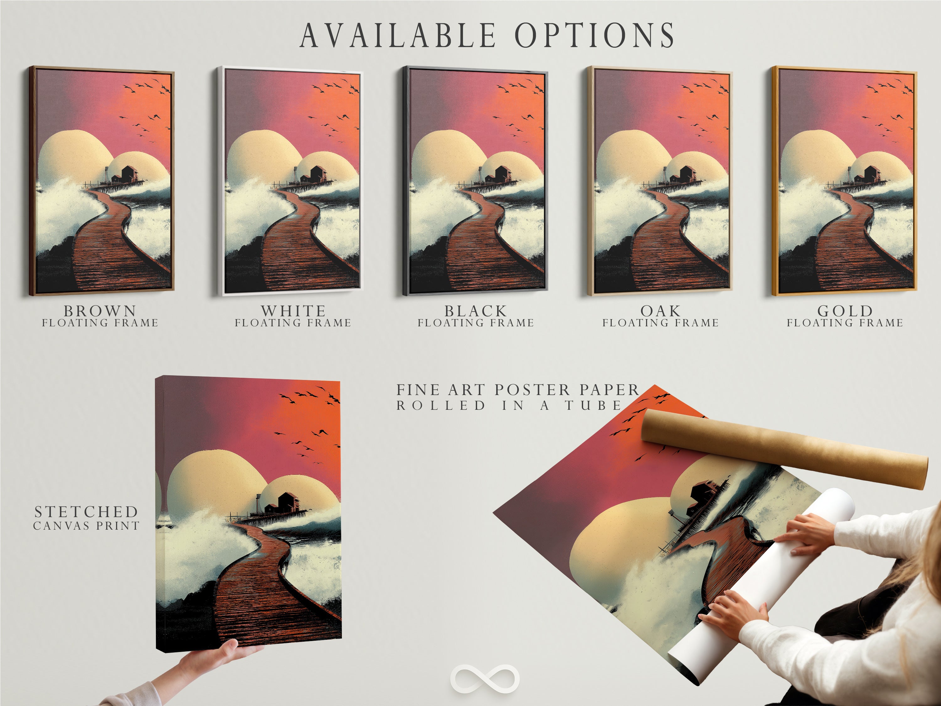 Explore available options including a stretched canvas print fine art poster paper and floating frame. The modern coastal artwork features a sunset pier scene with a house on a pier set against an orange and pink sky. Enhance your space with this sea landscape art.