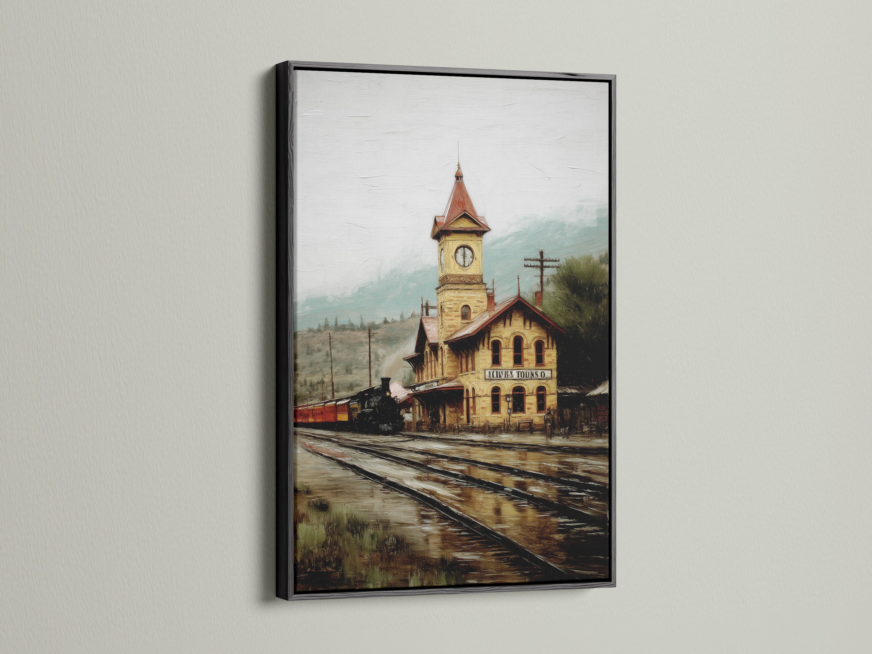 Vintage train station artwork with a black frame. This antique architecture poster adds a modern touch to any office or home. The black frame enhances the sepia tones. Explore our framed art options to enhance your space with timeless railway wall art. Perfect for history enthusiasts and vintage decor lovers.