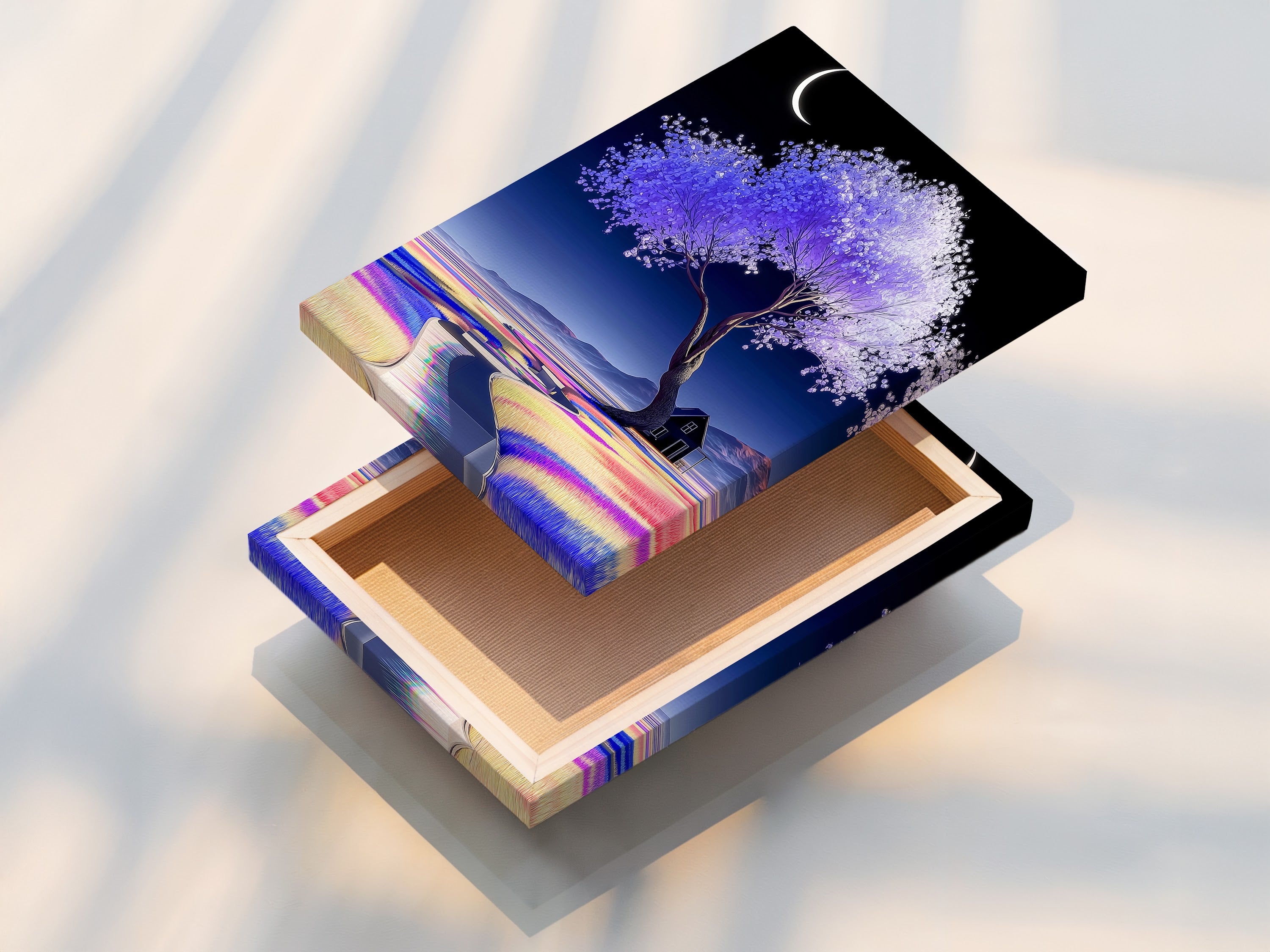 A stretched canvas print displays the lavender tree artwork. The pastel landscape is ready to hang and enjoy. The moon art print offers vibrant colors and sharp details. Perfect as dreamy wall decor for any room. Calming art print that transforms your space.