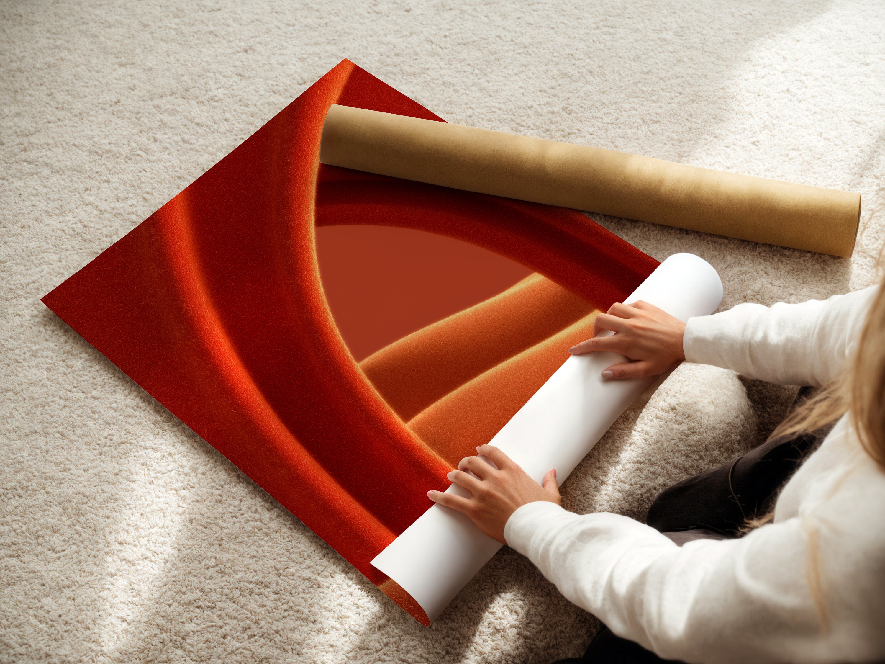 A woman is carefully rolling a fine art poster paper. The paper features abstract terracotta artwork. This warm earth tone print is perfect for modern minimalist bedroom wall decor. Ideal for contemporary art lovers. Enhance your space with this beautiful artwork.