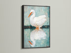 The Egret art features a sleek black frame. This bird canvas print adds sophistication to modern spaces. The coastal wall art contrasts beautifully against light walls. Ideal for a minimalist aesthetic.  This heron print brings a touch of nature indoors. This avian art is perfect for your living room wall decor or bathroom art.