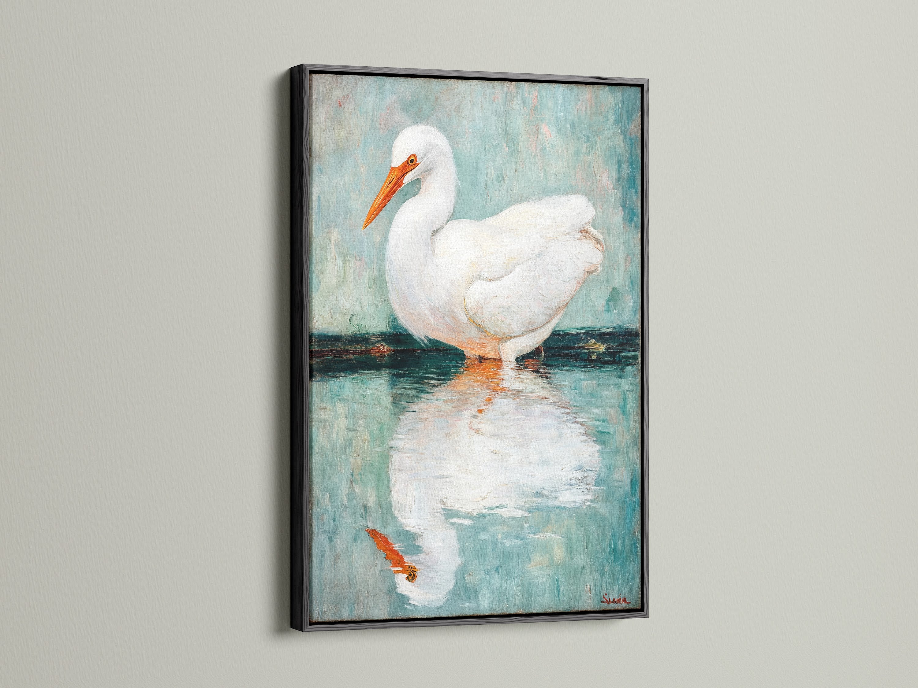 The Egret art features a sleek black frame. This bird canvas print adds sophistication to modern spaces. The coastal wall art contrasts beautifully against light walls. Ideal for a minimalist aesthetic.  This heron print brings a touch of nature indoors. This avian art is perfect for your living room wall decor or bathroom art.