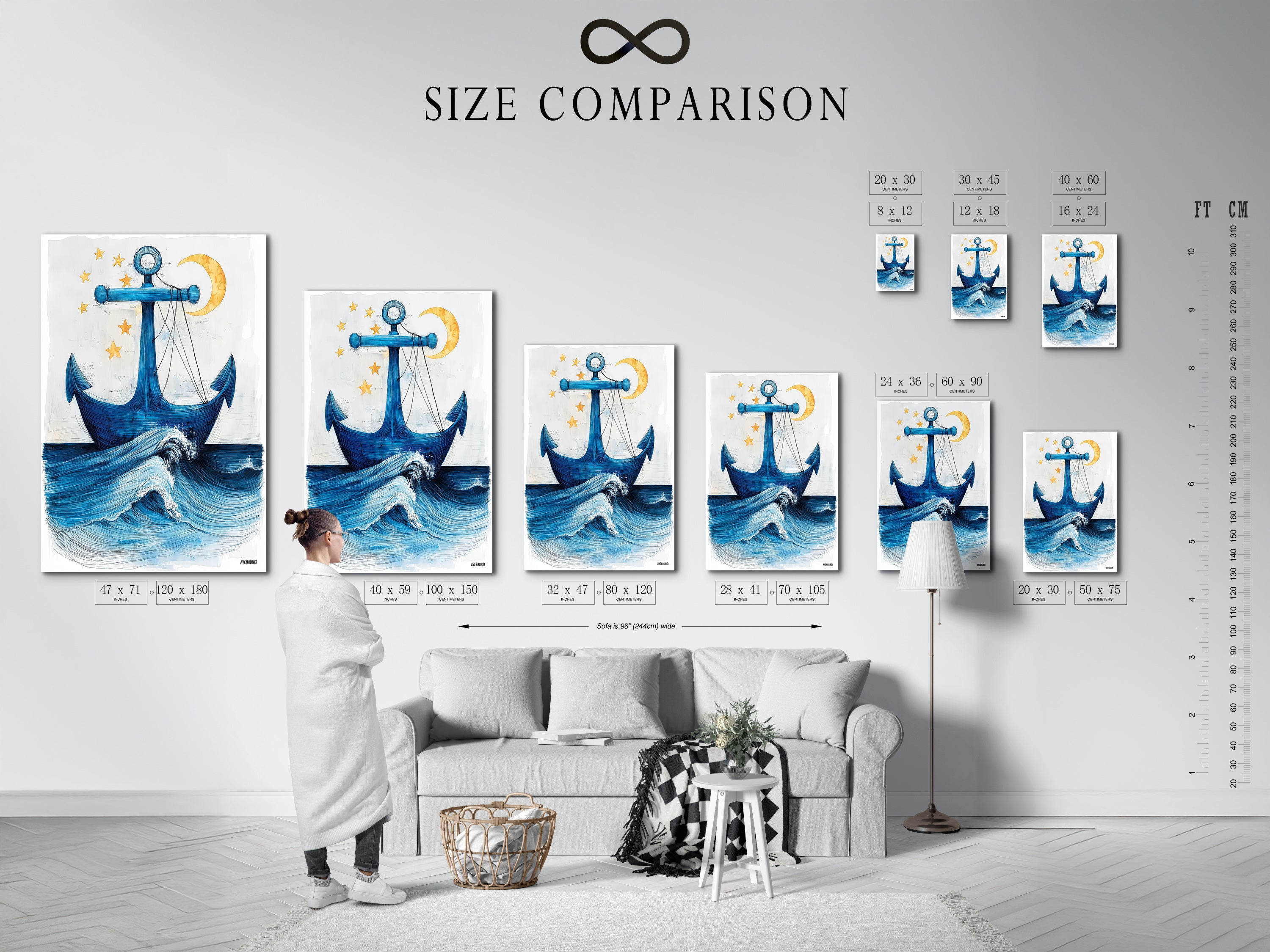 Size comparison chart in an interior setting featuring the Anchor artwork. Visualize the perfect fit for your space. Nautical wall art available in various sizes. Choose the ideal blue ocean wave poster for your coastal decor. Plan your beach house artwork with ease. Find the perfect dimensions for your seaside artwork