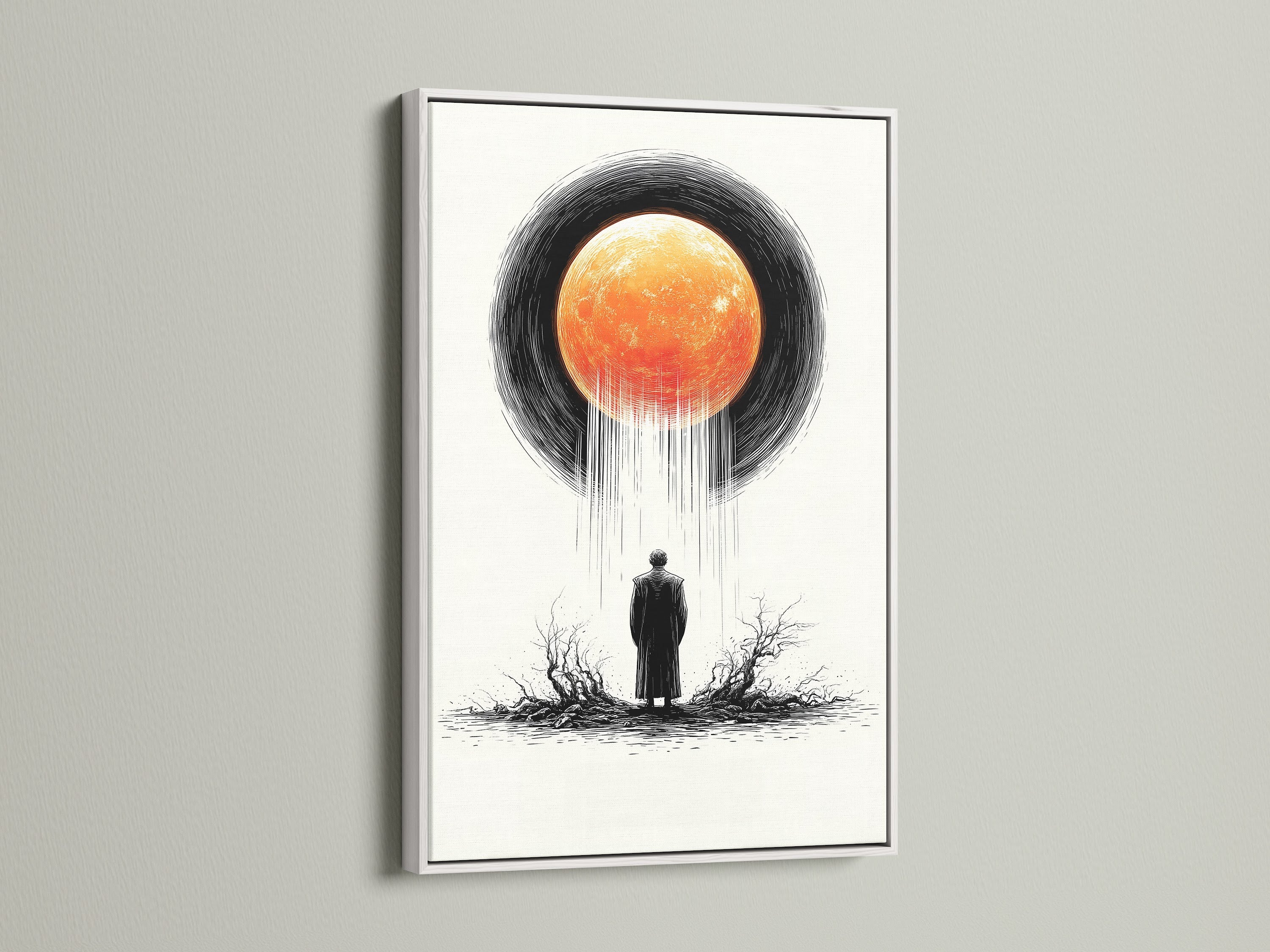 Man and moon surreal art print in a white frame. Enhance your office wall art with this dramatic orange celestial artwork. Perfect for studios lobbies and clinics. Visionary art that fits modern styles. A striking piece.