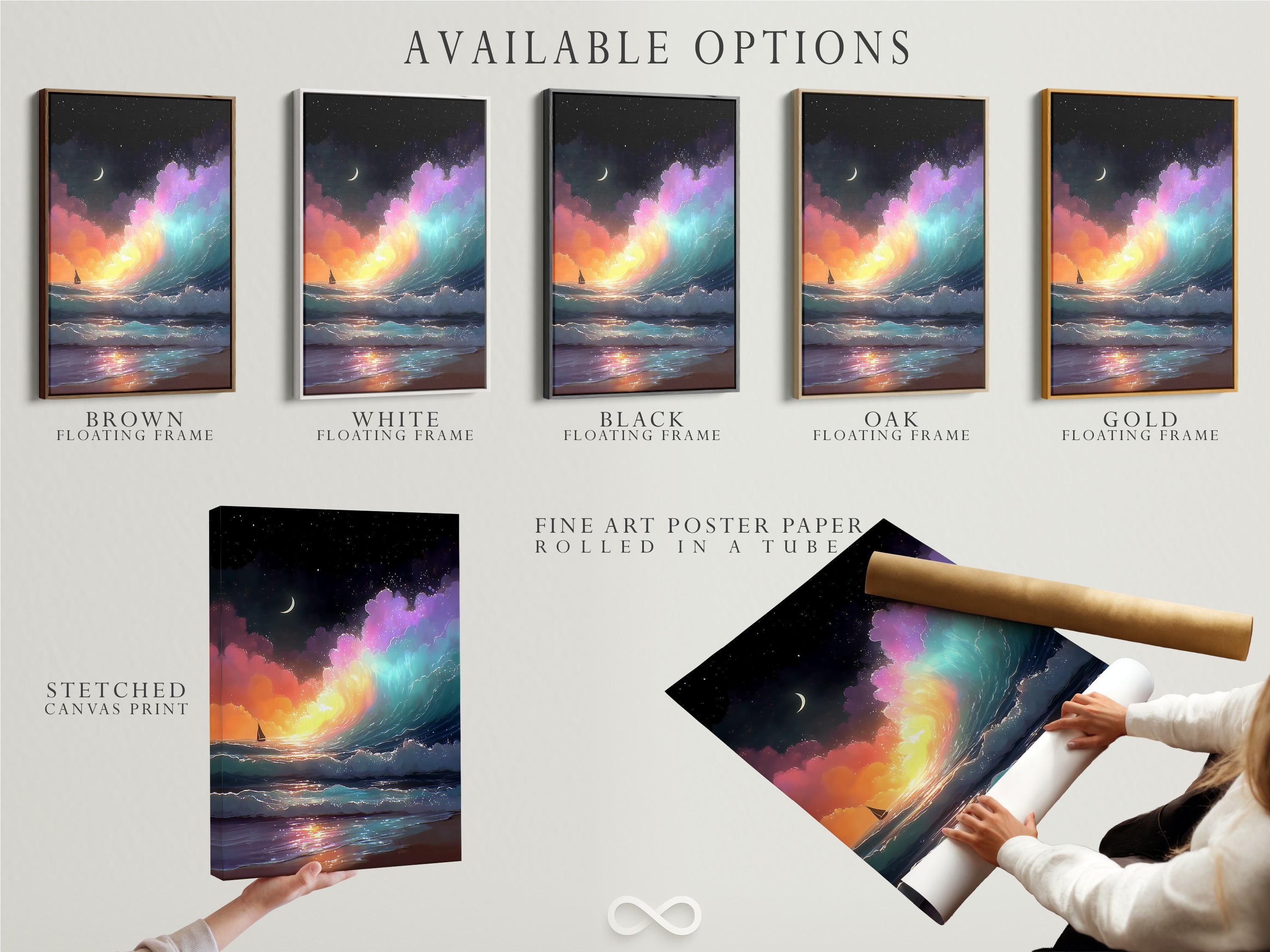 Available options for the ocean wave artwork are shown. Choices include stretched canvas prints. There are also fine art poster paper. A floating frame option is available. Find the perfect style for your decor.