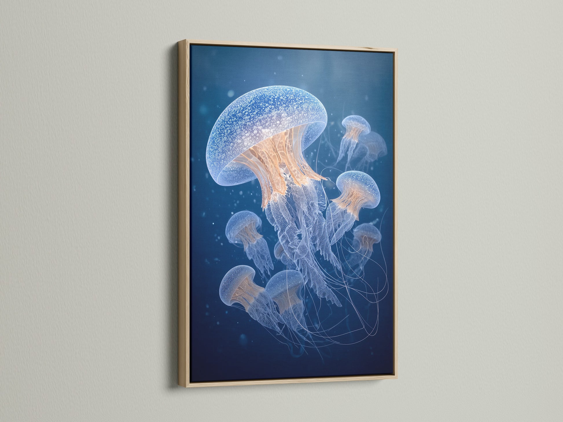 A framed artwork featuring jellyfish in an oak frame. The oak frame provides a natural and warm tone. This enhances the artwork's beauty. The jellyfish artwork is both captivating and serene. This is beautifully presented in the oak frame.