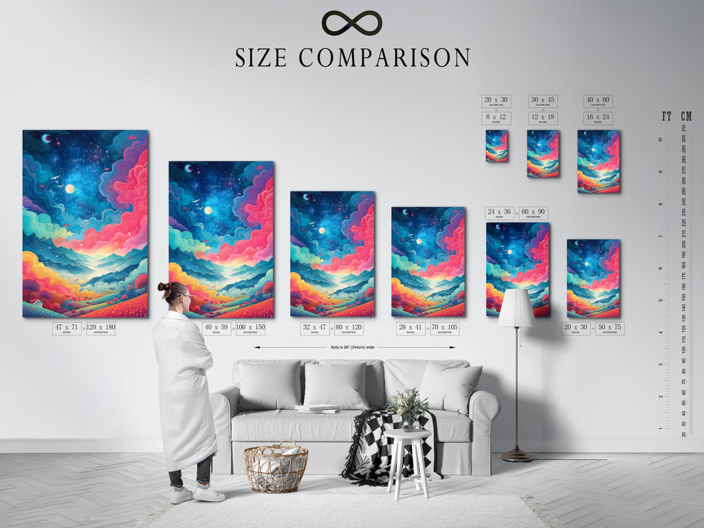 A size comparison chart is displayed in an interior setting. The chart shows various sizes for fantasy landscape artwork. Options include canvas prints and framed art. This guide helps you choose the perfect size. Enhance your space with colorful sky art.
