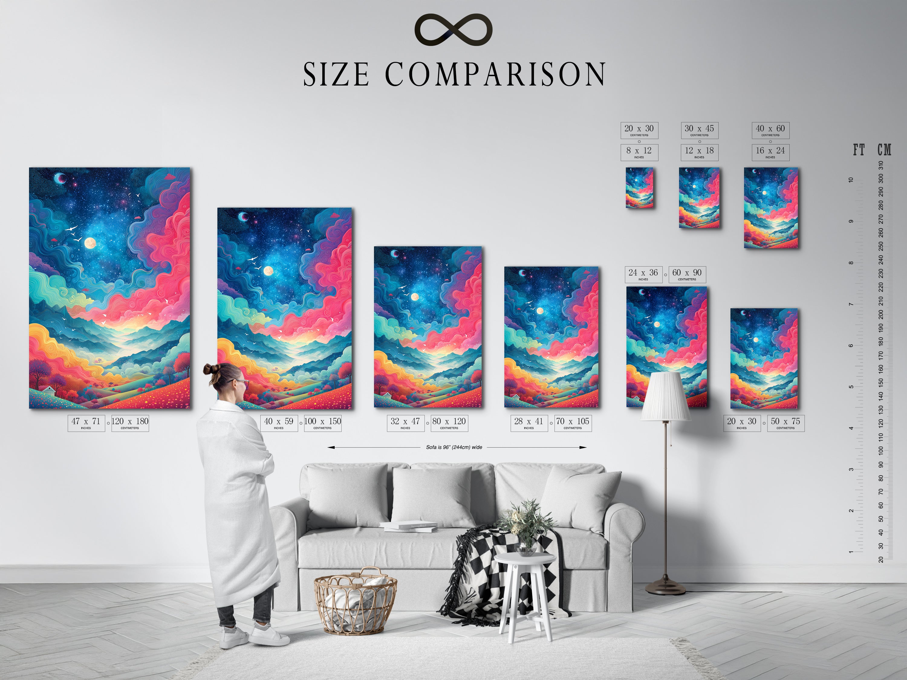 A size comparison chart is displayed in an interior setting. The chart shows various sizes for fantasy landscape artwork. Options include canvas prints and framed art. This guide helps you choose the perfect size. Enhance your space with colorful sky art.