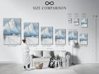 Size comparison chart shows how the artwork fits in a room. A snowy landscape wall art complements farmhouse decor for a cabin. The rustic artwork is perfect for any space. Visualize the ideal size for your home.