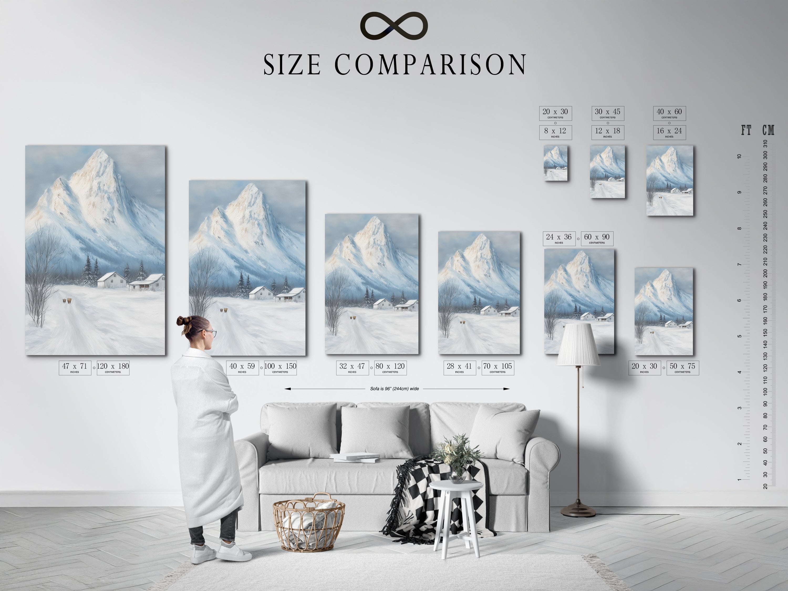 Size comparison chart shows how the artwork fits in a room. A snowy landscape wall art complements farmhouse decor for a cabin. The rustic artwork is perfect for any space. Visualize the ideal size for your home.