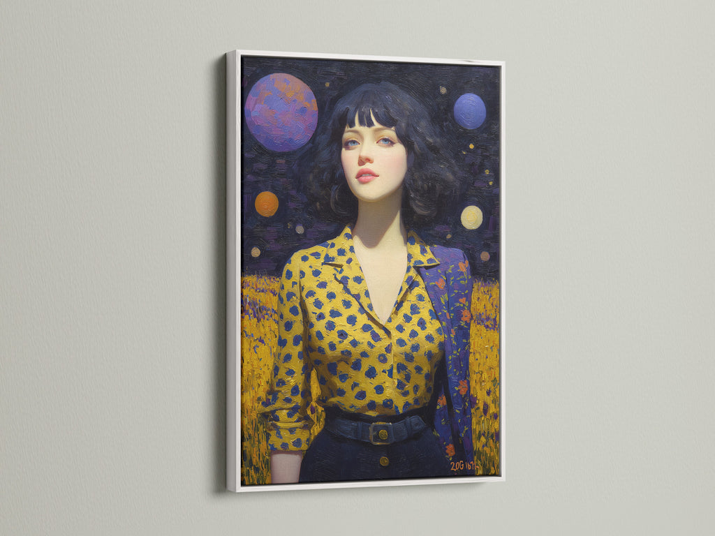 Cosmic Woman Portrait artwork with a white frame. This celestial canvas offers a dreamy space art experience. Ideal for contemporary wall decor. The surreal woman art complements eclectic styles. It's perfect for living rooms bedrooms studios and art galleries.