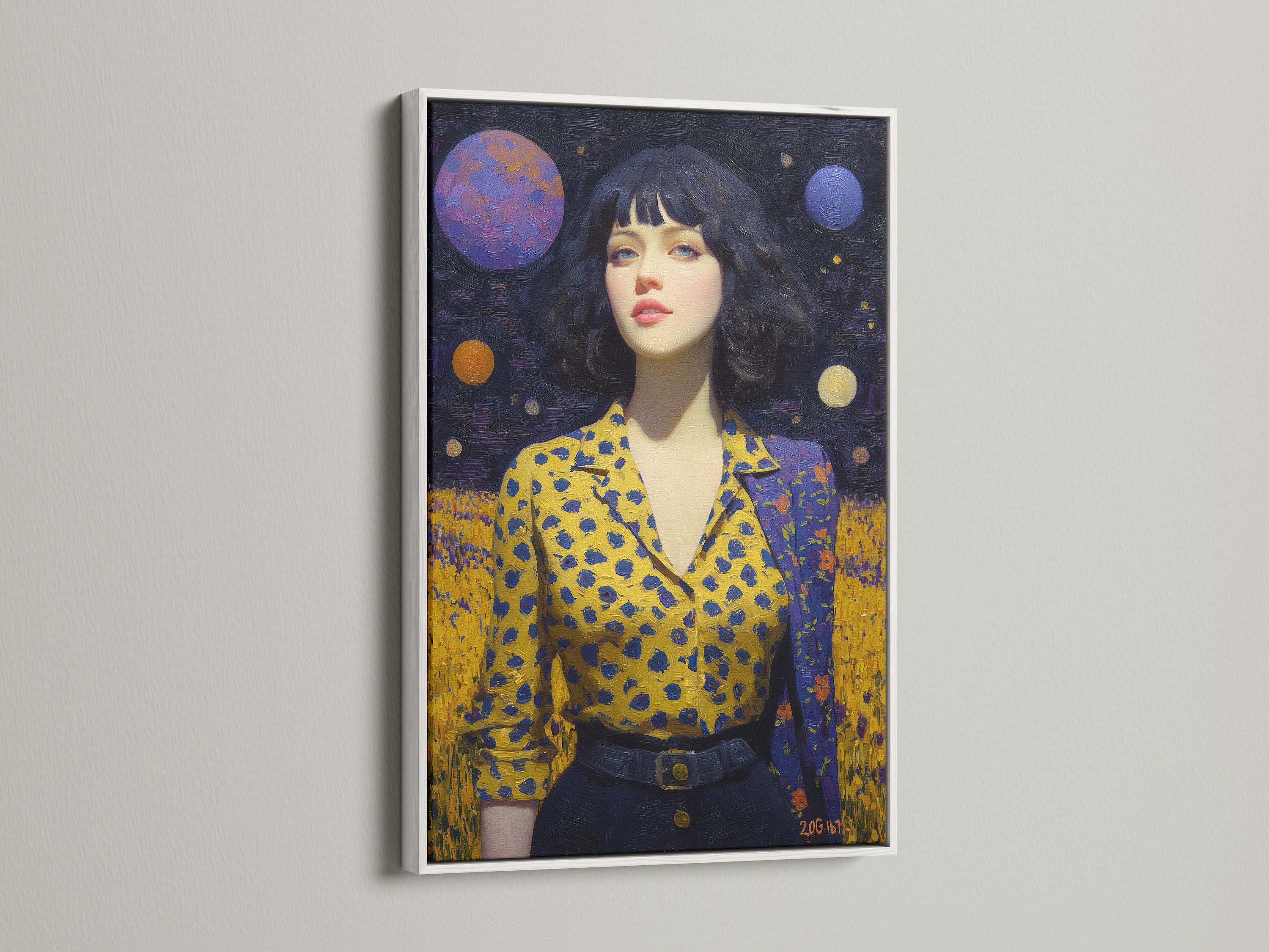Cosmic Woman Portrait artwork with a white frame. This celestial canvas offers a dreamy space art experience. Ideal for contemporary wall decor. The surreal woman art complements eclectic styles. It's perfect for living rooms bedrooms studios and art galleries.