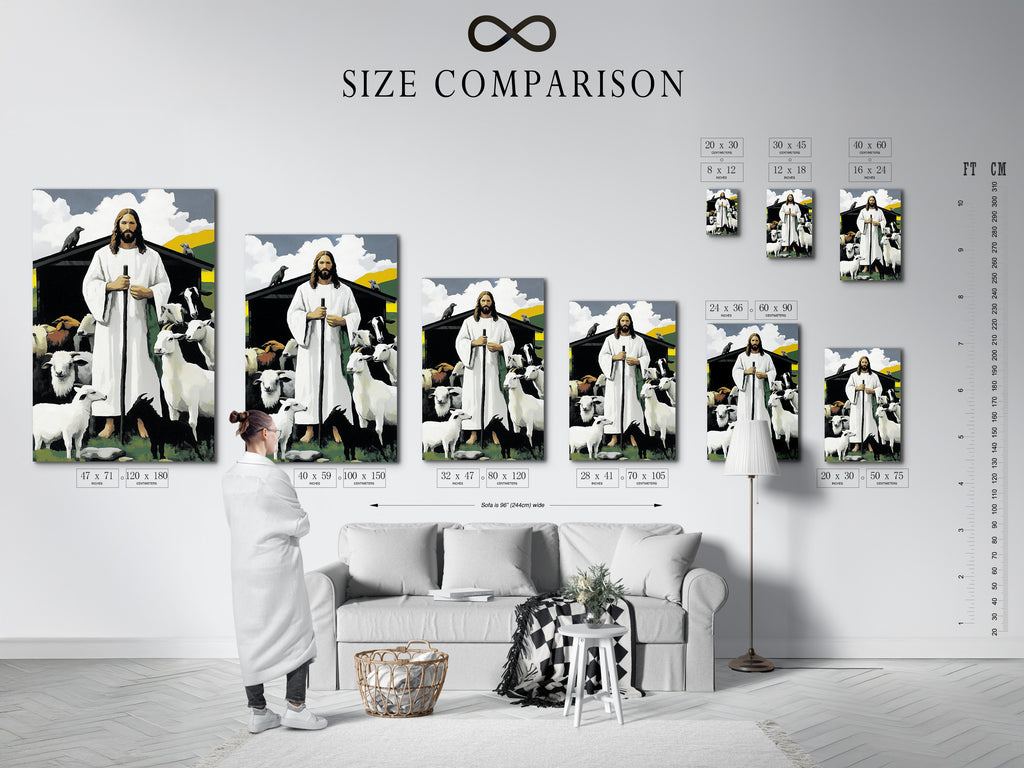 A size comparison chart is displayed in an interior setting. This chart helps you visualize artwork sizes. Choose the perfect size for your space. See how different sizes fit on your wall. Make an informed decision for your art needs. Ensure your art complements your decor.