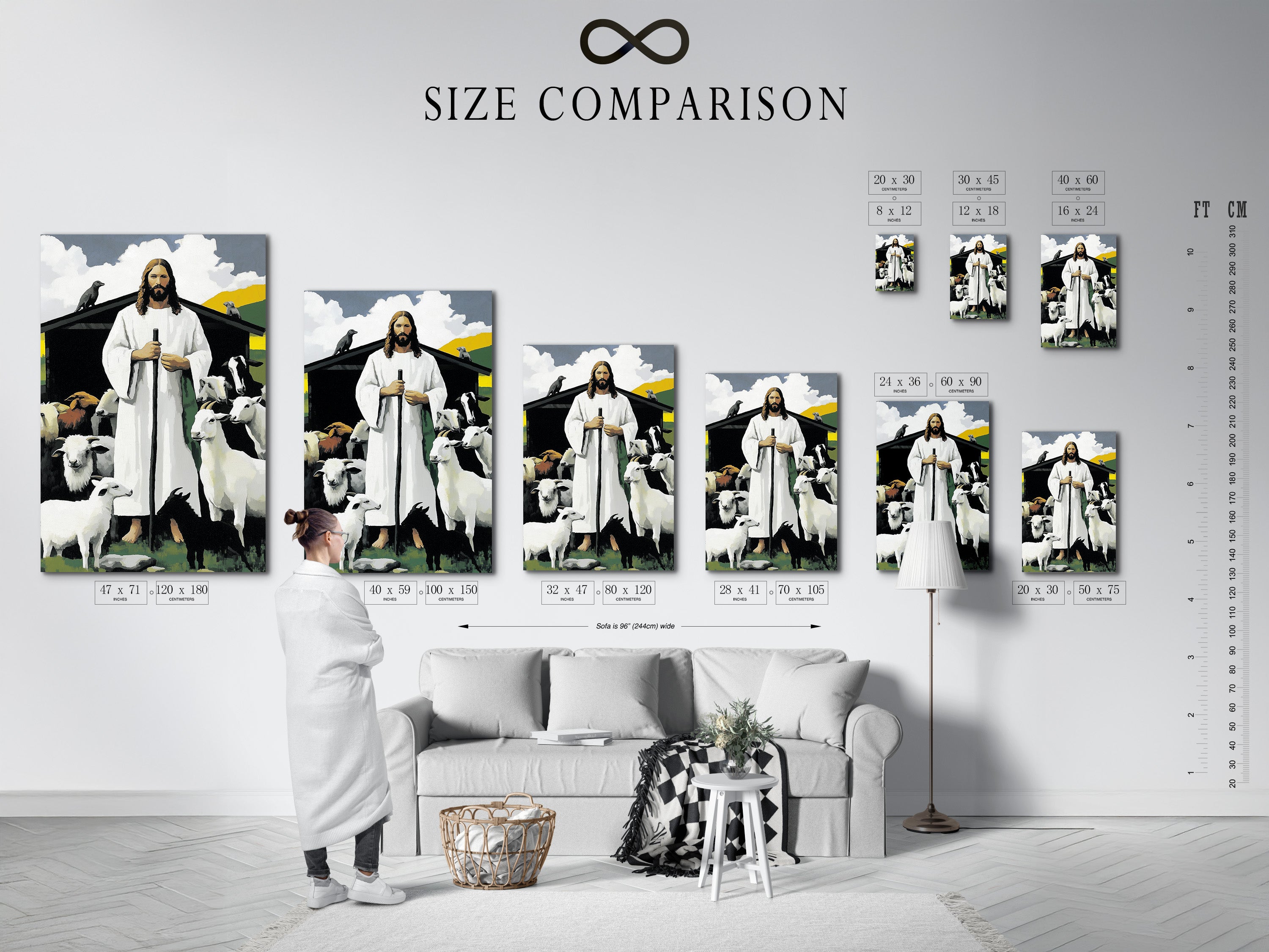 A size comparison chart is displayed in an interior setting. This chart helps you visualize artwork sizes. Choose the perfect size for your space. See how different sizes fit on your wall. Make an informed decision for your art needs. Ensure your art complements your decor.