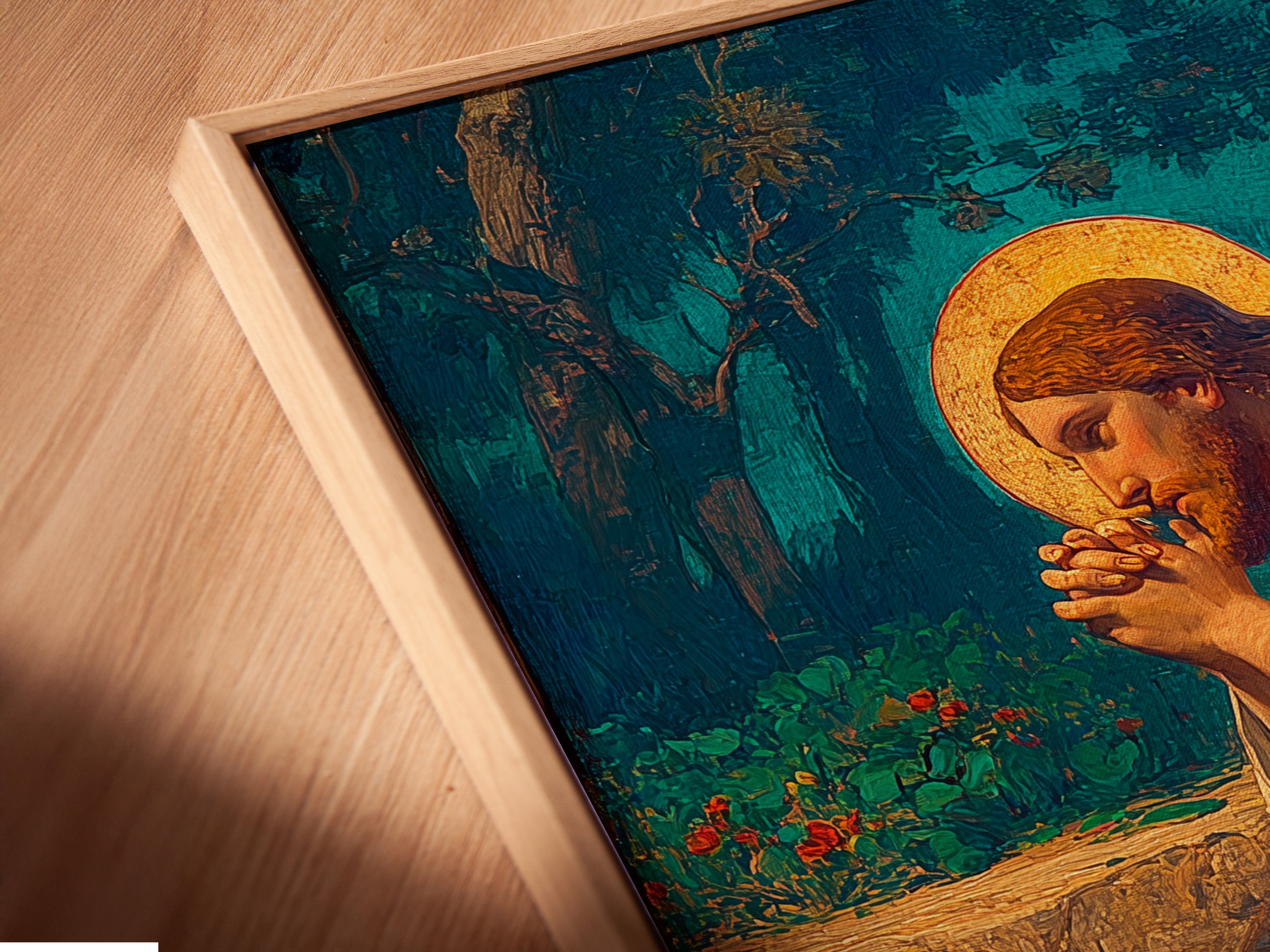 Close-up of a canvas print in a floating frame. The floating frame creates a modern gallery look. The frame gives the illusion that the art is floating. Explore our floating frame options. Enhance your canvas prints with our stylish frames.