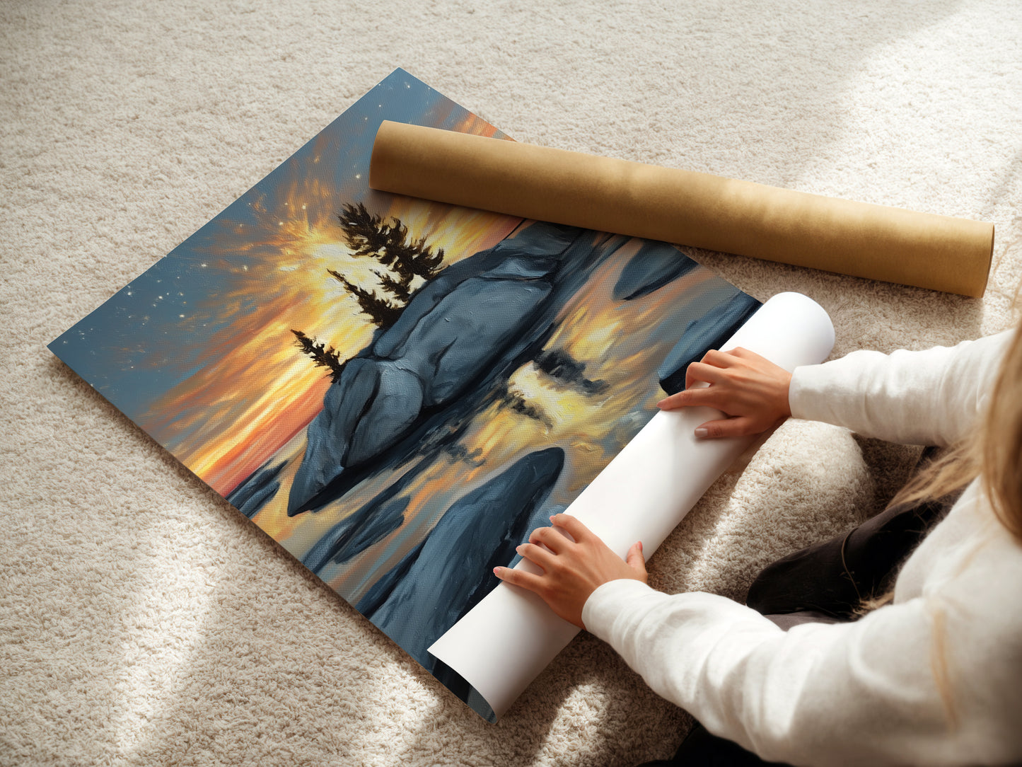 Woman rolling a fine art poster paper of a coastal sunset artwork. The golden hour seascape photography provides a calming nature-inspired style. Perfect for bedrooms and living rooms as wall art. Serene!