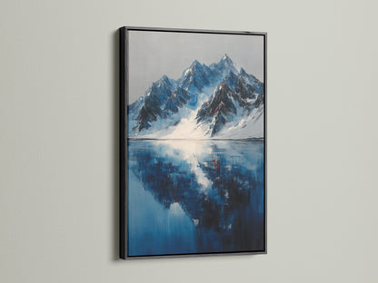 Black frame featuring mountain reflection artwork.  The indigo blue lake art brings a modern winter landscape to office spaces.  The black frame enhances the blue wall art. This is the perfect reflection print for modern minimalist styles. Consider this mountain painting.