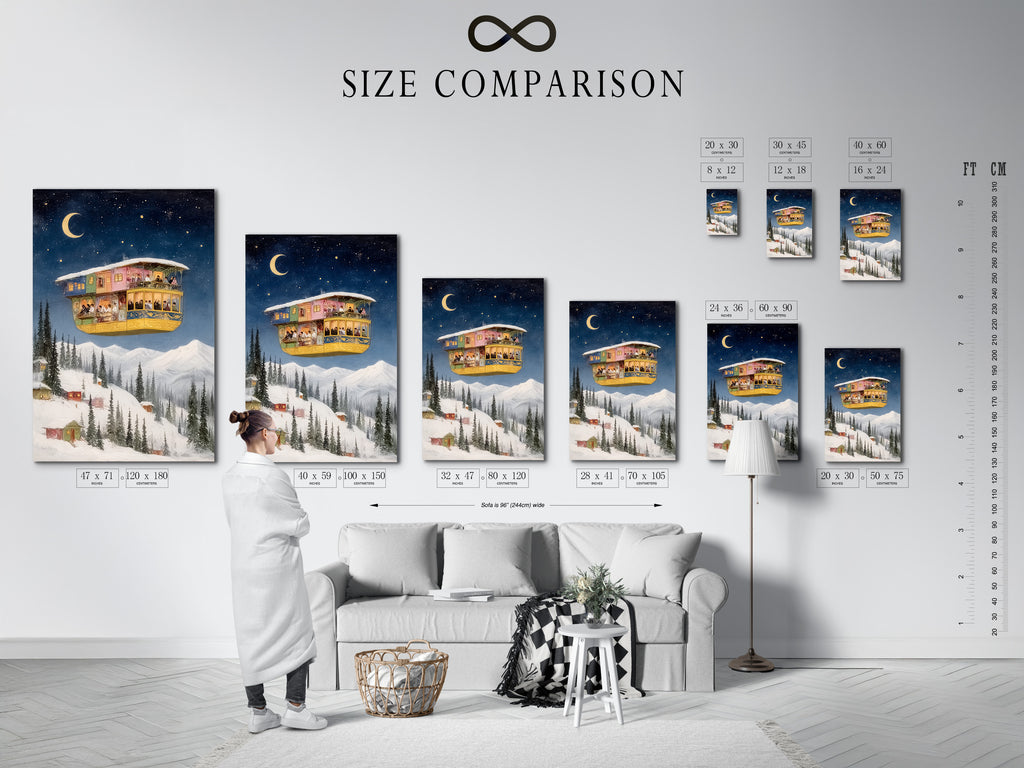 Check out the size comparison chart in an interior setting. Visualize how this whimsical winter fantasy art will look in your home. Featuring a fantasy house and starry night the artwork comes in various sizes. Find the perfect fit for your living room bedroom or office. Transform your space with this magical wall decor.