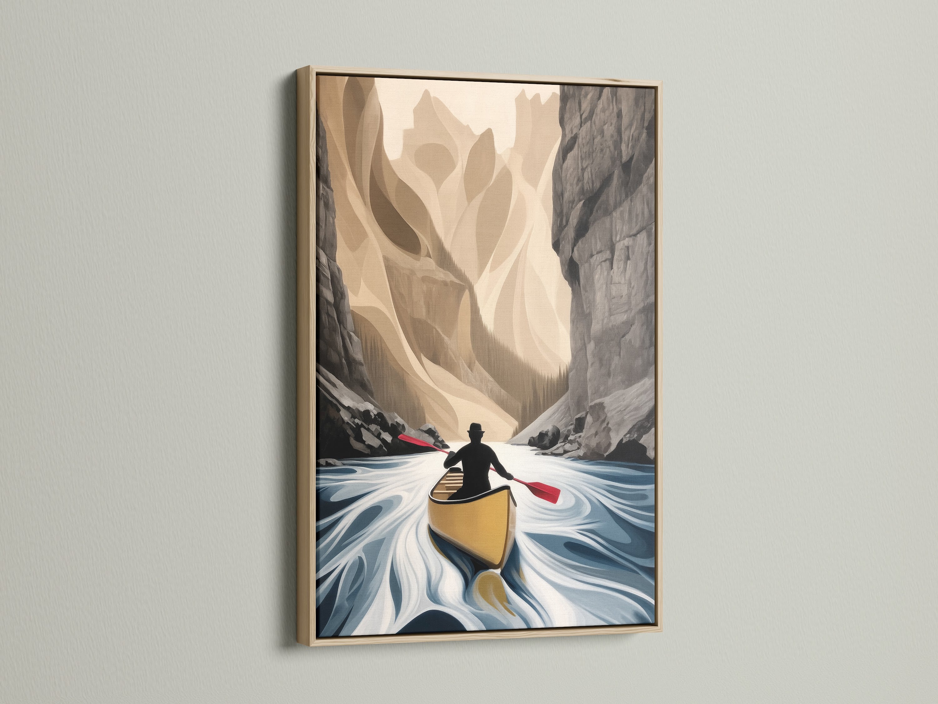 Canoe River canvas print in an oak frame. The river canvas is a beautiful adventure print. The neutral wall art enhances any space. This landscape artwork brings the outdoors in. It is ideal for office wall art.
