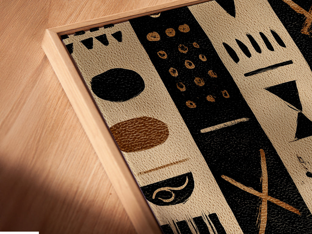Angled close up of a canvas print in a floating frame. The artwork has black and tan stripes with tribal inspired shapes. The floating frame adds depth to the artwork. Perfect for modern minimalist homes. The Canvas enhances the artwork.